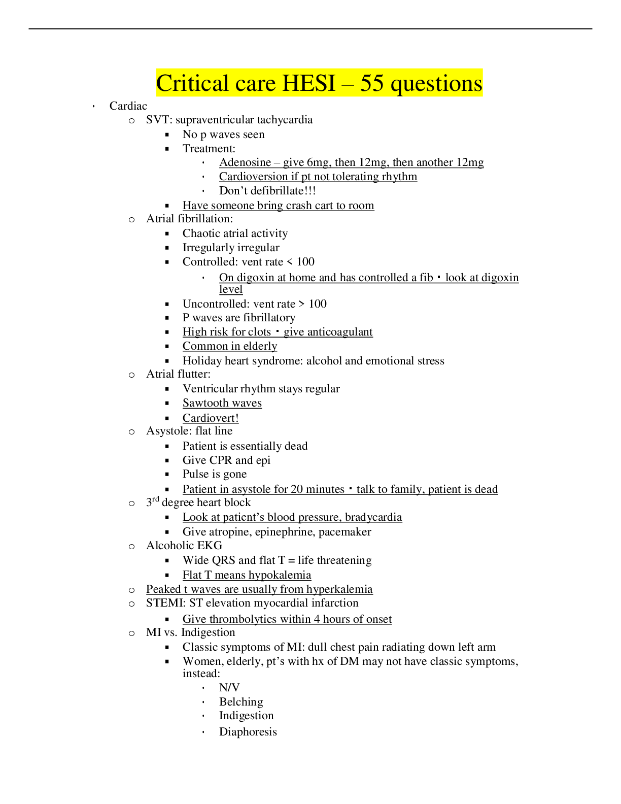 Preview image for Critical Care HESI Final Study Guide | COVERING Cardiac, Endocrine, Neuro, Pulmonary, ABGs, Renal, GI, Sepsis/shock, Musculoskeletal, and Miscellaneous